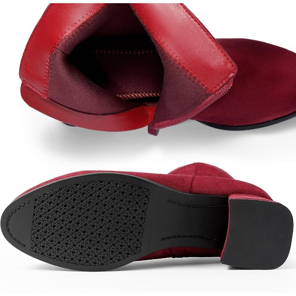 Women's Red Classic Ankle Boots Low Block Heels Suede Chunky Fashion Booties - Picture 6 of 8